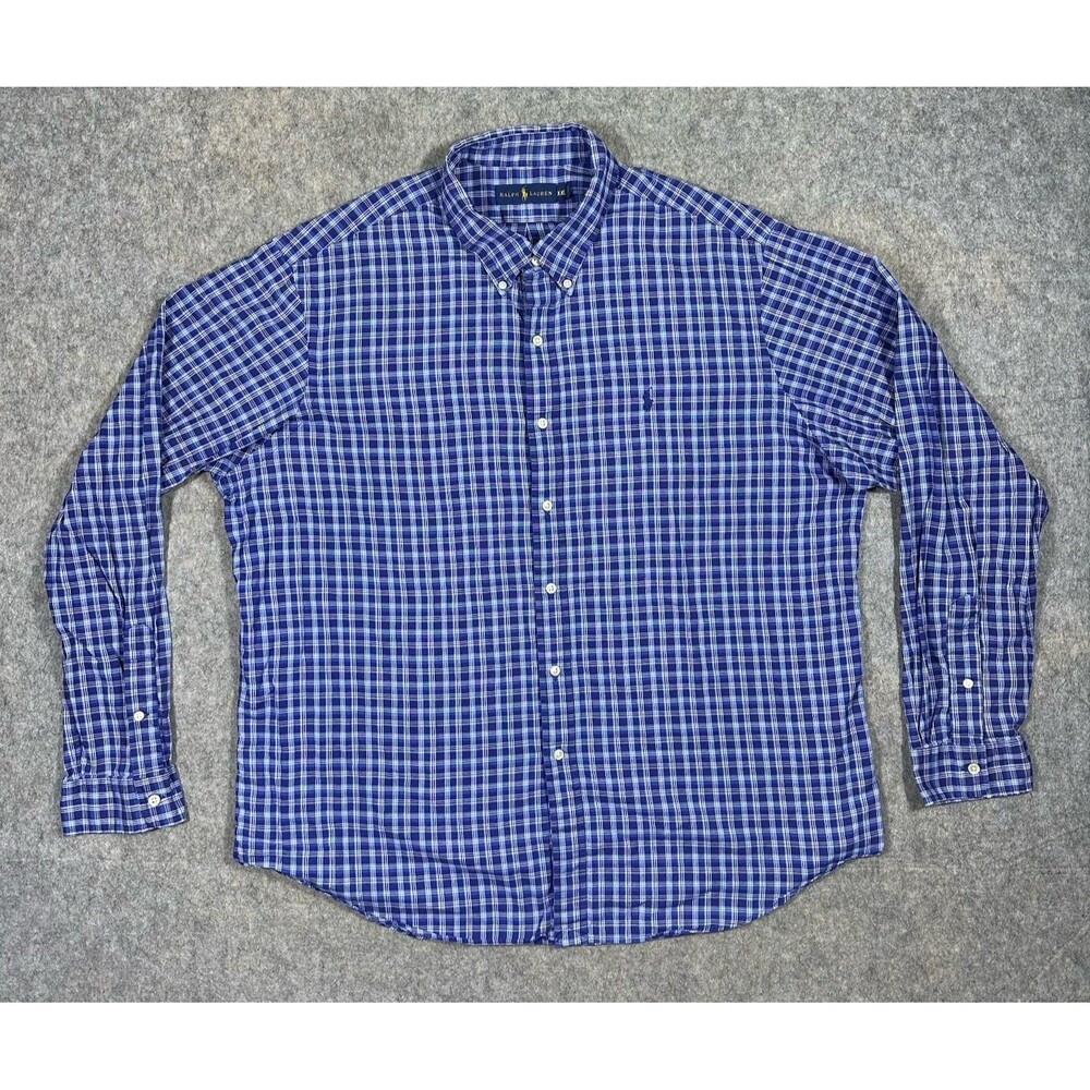 Polo Ralph Lauren Button Down Shirt Mens XXL Blue Plaid Long Sleeve Classic Pony